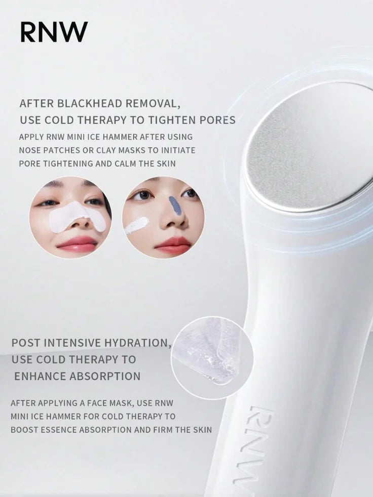A model using The Cryo-Sculpt Cooling Facial Massager to gently glide over her cheek and jawline, illustrating how the tool is used for depuffing and sculpting.