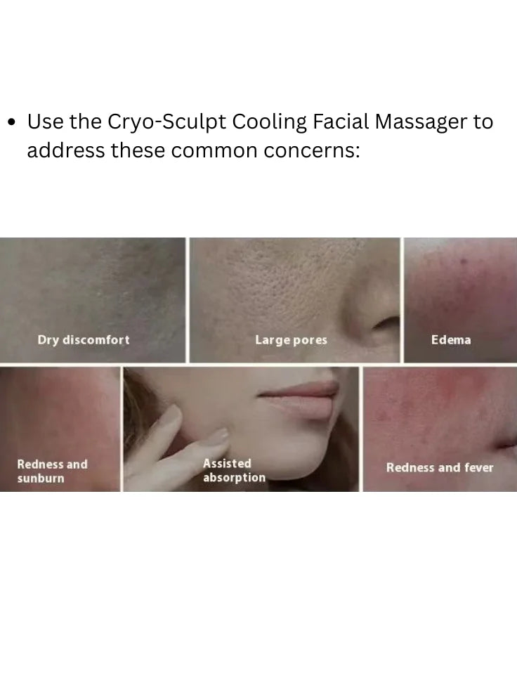 Advertisement for Cryo-Sculpt Cooling Facial Massager showing skin concerns and solutions.