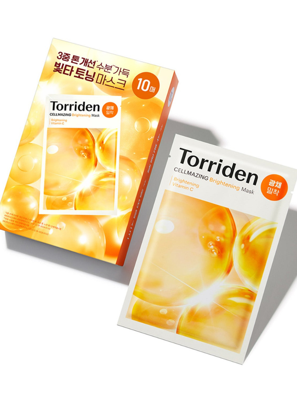Torriden Cellmazing Brightening Mask packaging showing 5D Vitamin C and Glutathione benefits