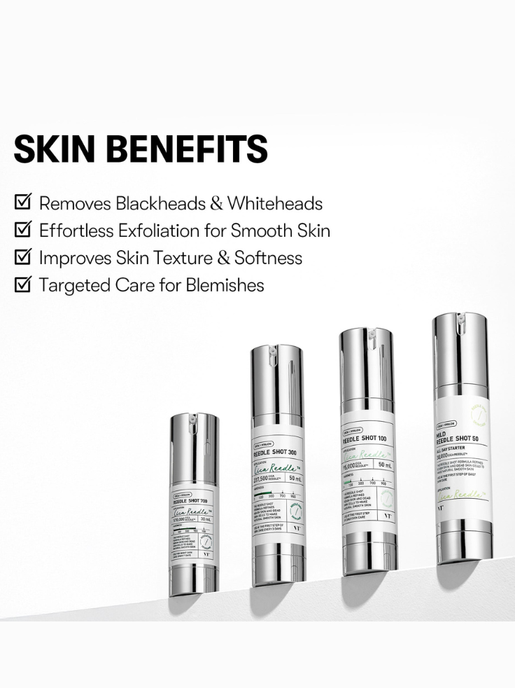 Happy person with visibly smoother, clearer, and more radiant skin after using VT Cosmetics Reedle Shot 300 serum, showcasing refined texture and minimized pores.