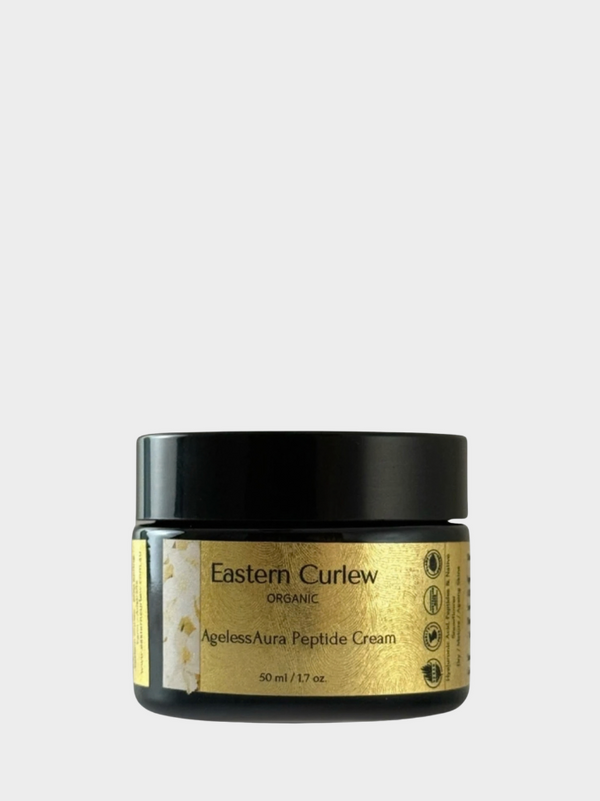 AgelessAura Peptide Cream 50ml by Eastern Curlew, Australian-made peptide moisturiser in black jar with gold label