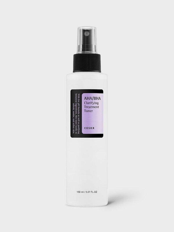 COSRX AHA/BHA Clarifying Treatment Toner 150ml spray bottle on a clean background.