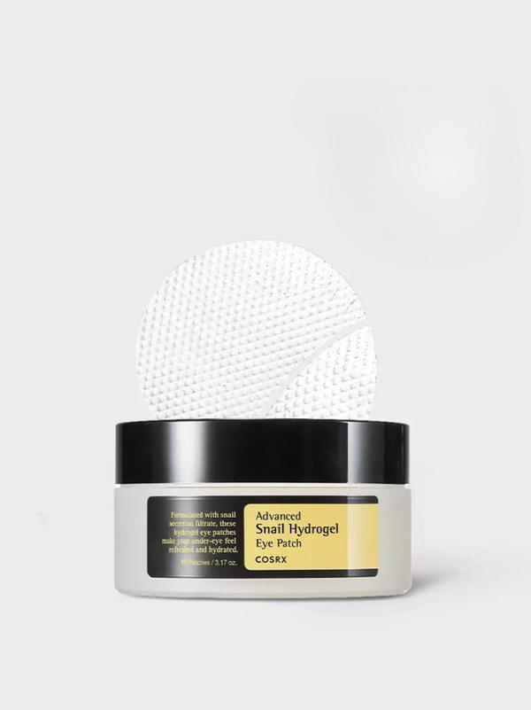 COSRX Advanced Snail Hydrogel Eye Patch jar, 60 patches with snail mucin for refreshed under-eyes, Australia.
