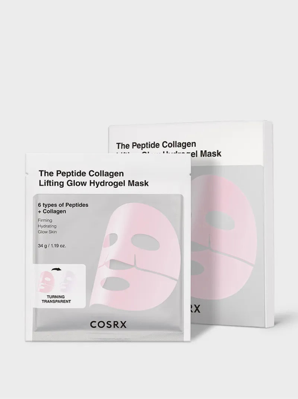 COSRX The Peptide Collagen Lifting Glow Hydrogel Mask packaging with 6 peptides and collagen, available in Australia