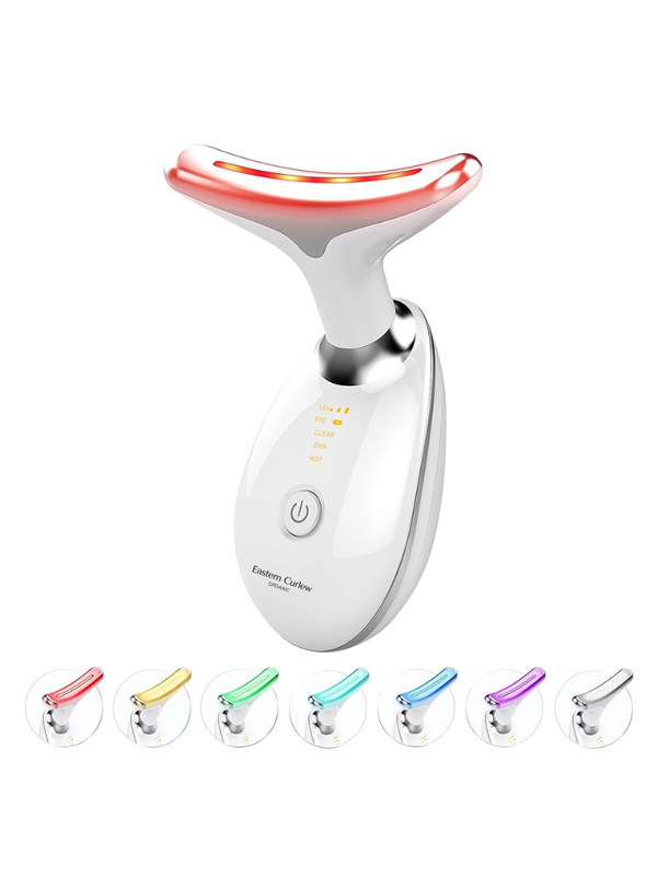 NeckLume Pro LED face and neck massager in white with mode and colour swatches