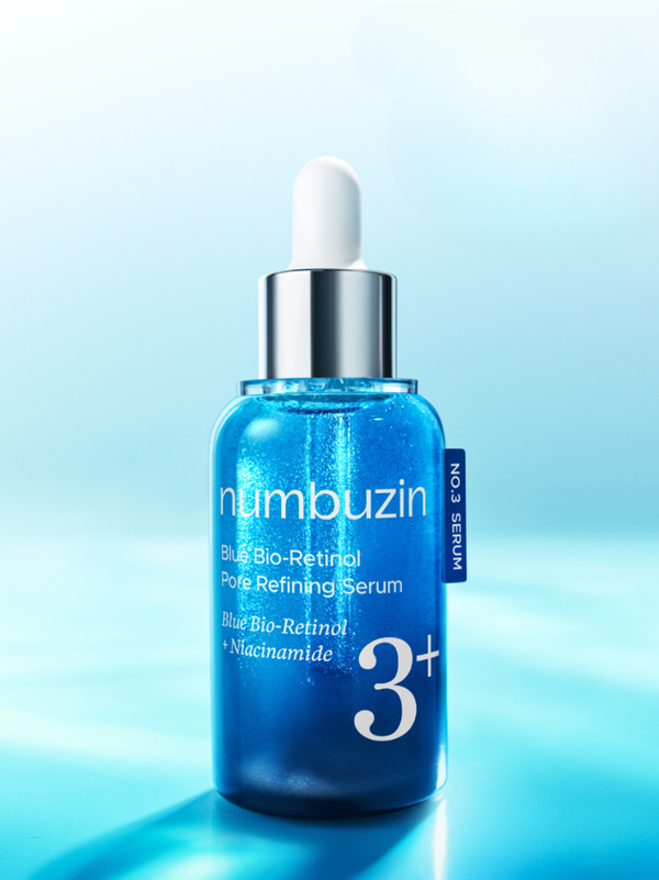 numbuzin No.3 Blue Bio-Retinol Pore Refining Serum bottle showing its natural blue hue for gentle anti-aging.