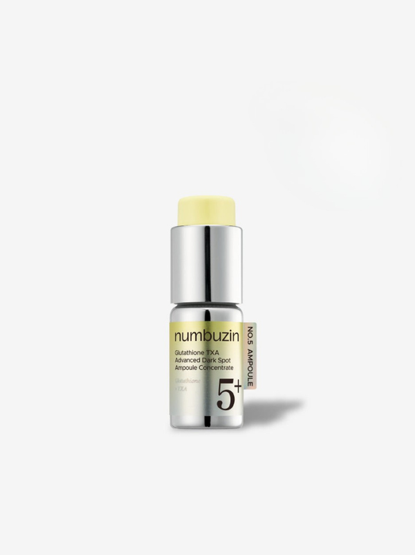 numbuzin No.5+ Glutathione TXA Advanced Dark Spot Ampoule featuring a press-and-mix yellow cap design.