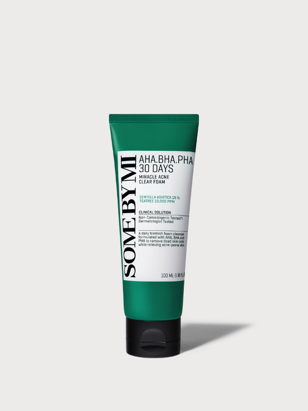 Soft white SOME BY MI AHA-BHA-PHA Miracle Acne Clear Foam texture with tea tree leaves